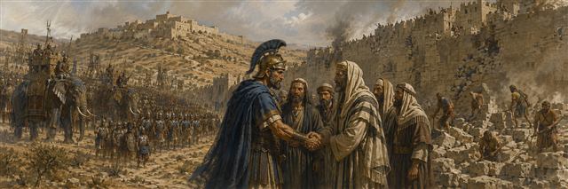 An elephant-led Hellenistic army approaches a fortified Judean city as defenders prepare and later negotiators seek peace